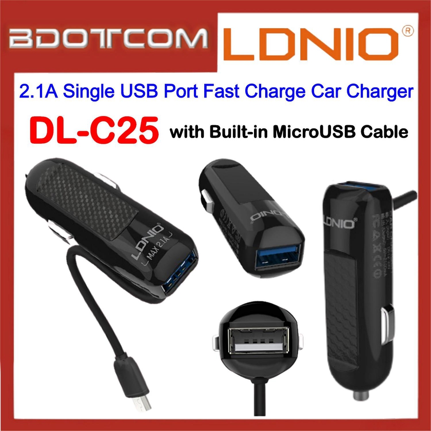 LDNIO DL-C25 2.1A Single USB Port Fast Charge Car Charger with Built-in MicroUSB Cable