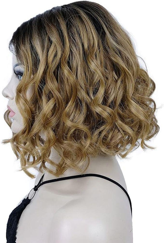 Synthetic Wig For Women, Short, Heat-resistant, Wavy Hair, In Black And Gold