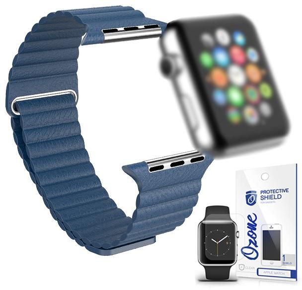 Magnetic Leather Strap with screen protector for Apple Watch 38mm Blue