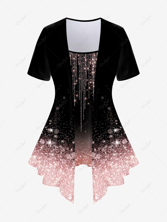 Plus Size 3D Sparkles Light Beam Printed Short Sleeves 2 in 1 Tee - 1x | Us 14-16