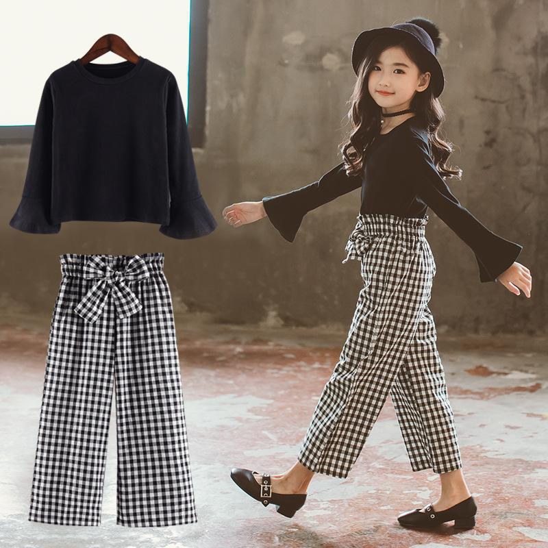 Koolkidzstore 2019 Flare Sleeve Top Checked Trousers Sets 4-12Y (Black)
