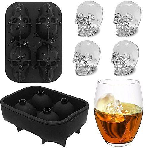 Generic 3D Skull Ice Cube Mold Tray Pudding Silicone 4-Cavity DIY Ice Maker Household Use - Black