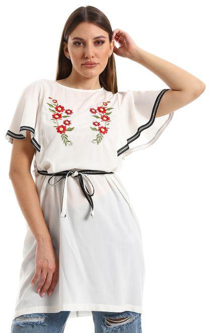 M Sou Cap Sleeves Chest Stitched Flowers Dress - White