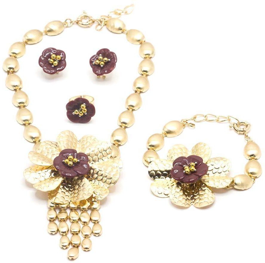 Tanos - Fashion Gold Plated Set (Necklace/Earring/Ring/Bracelet) Flower Design Dark Brown Flower Petals