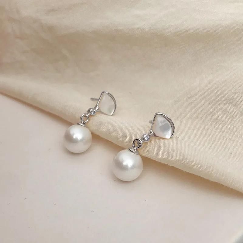 Fashion Temperament Fan Shell Pearl Earrings 925 Silver Women Simple Elegant Romantic Wedding Jwelry Accessories