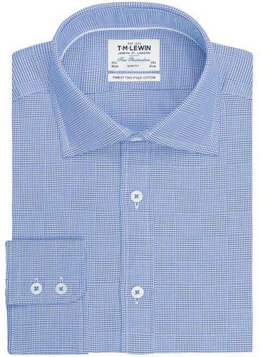 T.M.Lewin Mens Circle Dobby Blue Single Cuff Shirt 