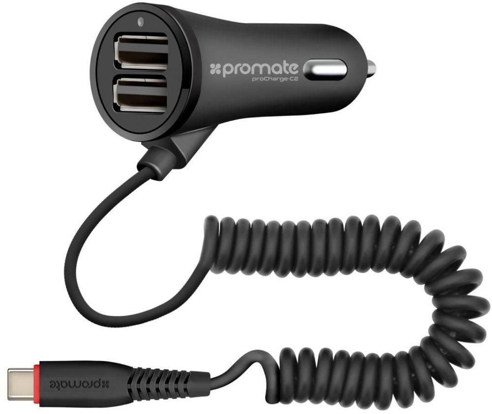 Promate Car Charger, Ultra-Fast 3.4A Dual USB Car Charger With built-in 1.8M USB Type-C Coiled Cable, Smart LED Indicator and Over-Heating Protection for Smartphones, Tablets, GPS, MP3 Player, proCharge-C2