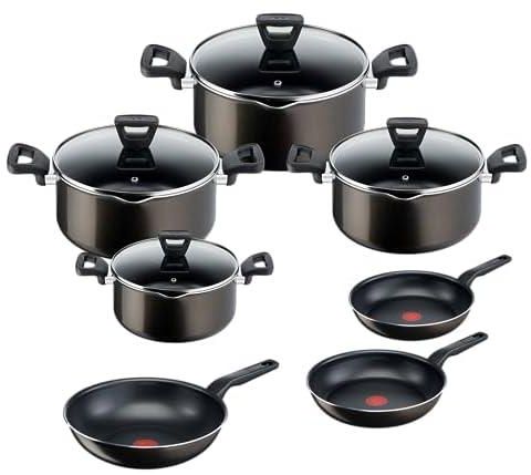 Tefal XL Intense Cooking Set, 4 Stewpot Size (18-22-26-28) cm + Frypan (20-24) cm + Wok Pan 28 cm, Dark Brown - 403841103