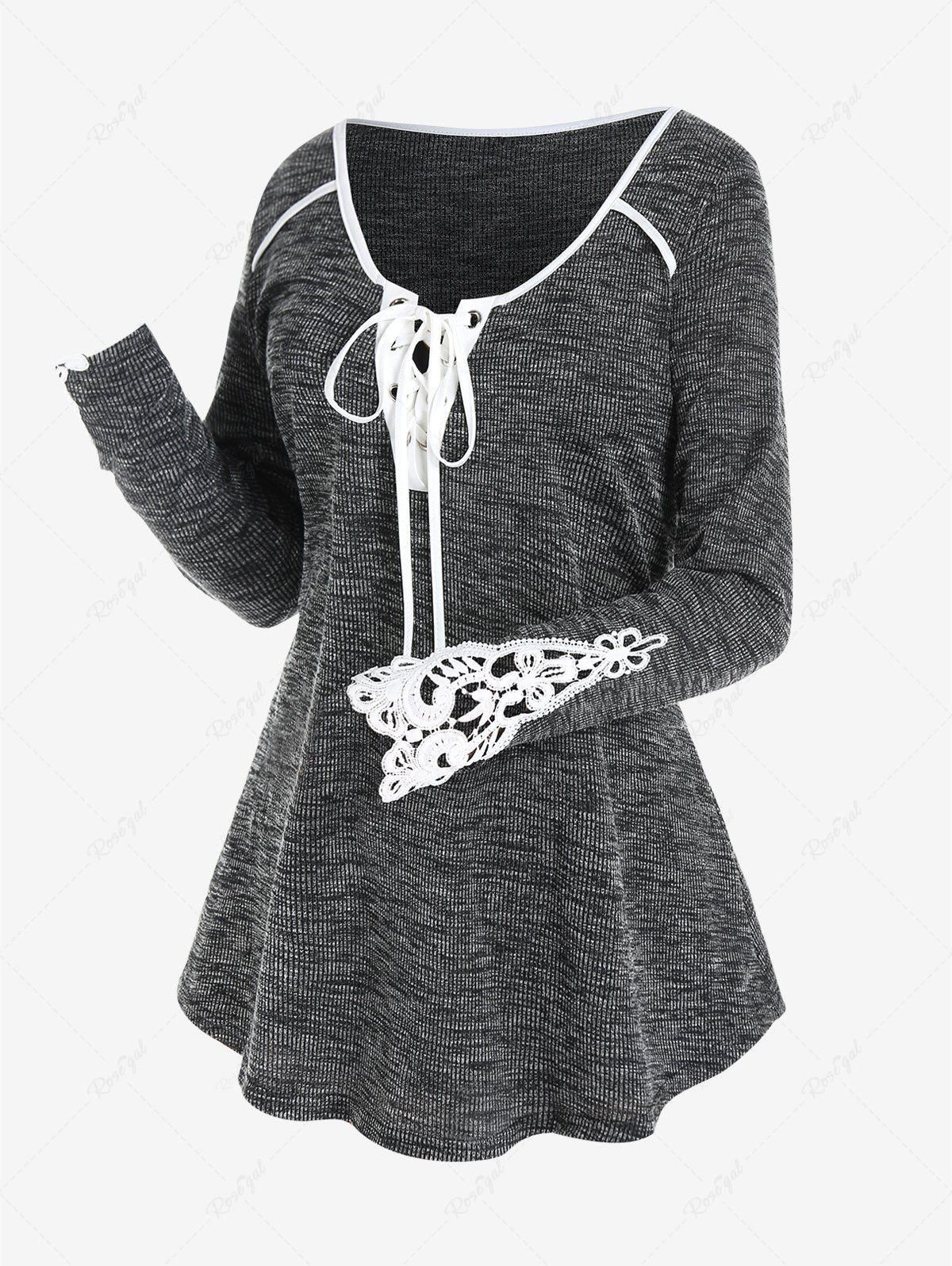 Plus Size Lace-up Long Sleeves T Shirt with Lace Panel - M | Us 10