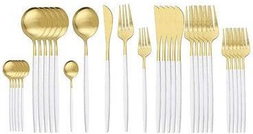 مجموعة أدوات مائدة من الستانلس ستيل بأحجام مختلفة، من 30 قطعة ذهبي/ أبيض