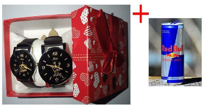 Fashion Couple Quartz Dial Clock Leather Wrist Watch Black +1 PCs Red-bull