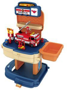 Little Story ROLE PLAY FIRE STATION WITH FIRE TRUCK AND BLOCK TOY SET SCHOOL BAG (223 Pcs) - Orange, 2-IN-1 Mode