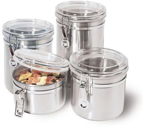 Stainless Steel Canister Set with Clear Acrylic Lid and Locking Clamp - 4 Pcs