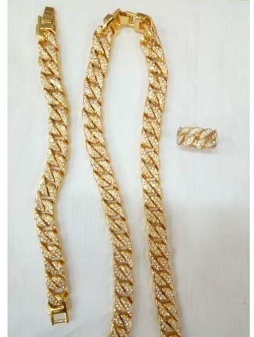 Men's Cuban Chain Necklace, Hand Chain And Ring- Gold