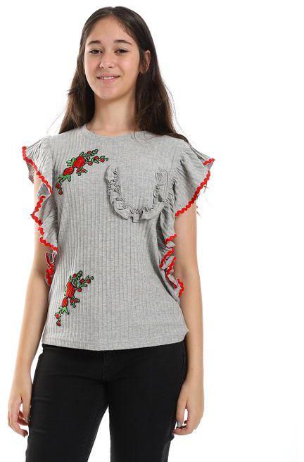 Stitched Flowers Ruffle Sleeves Girls Blouse - Grey & Red
