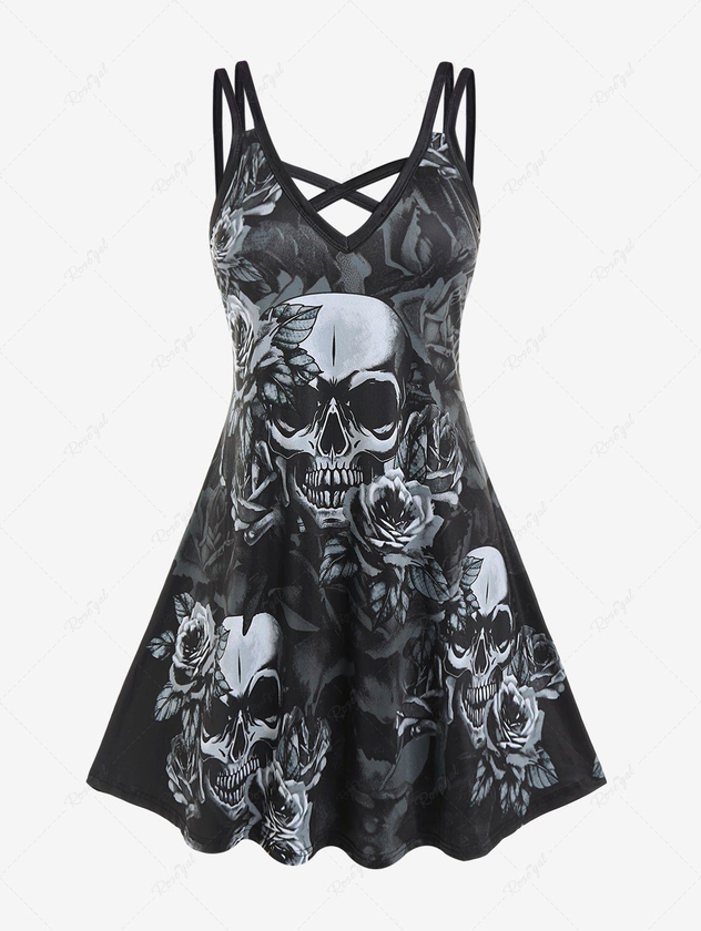Gothic Crisscross Skull Rose Print Dress - 1x | Us 14-16