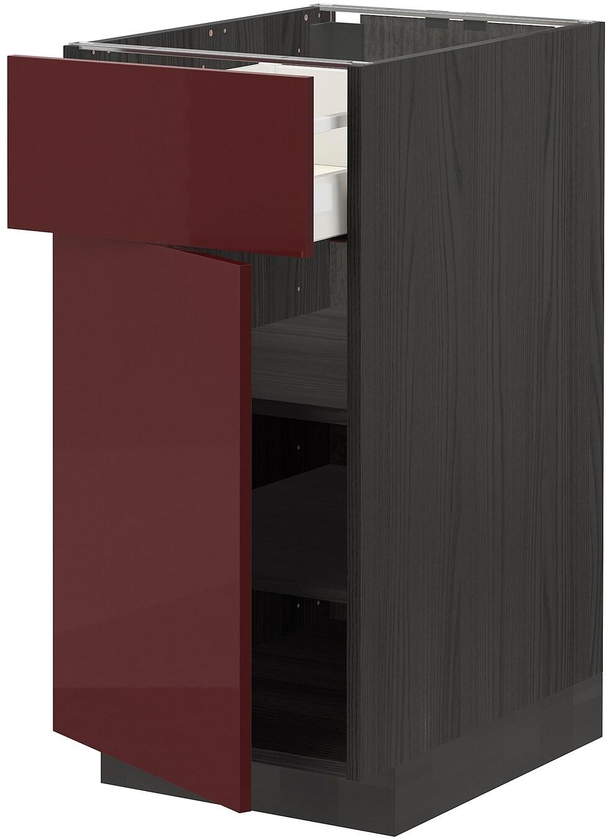 METOD / MAXIMERA Base cabinet with drawer/door - black Kallarp/high-gloss dark red-brown 40x60 cm