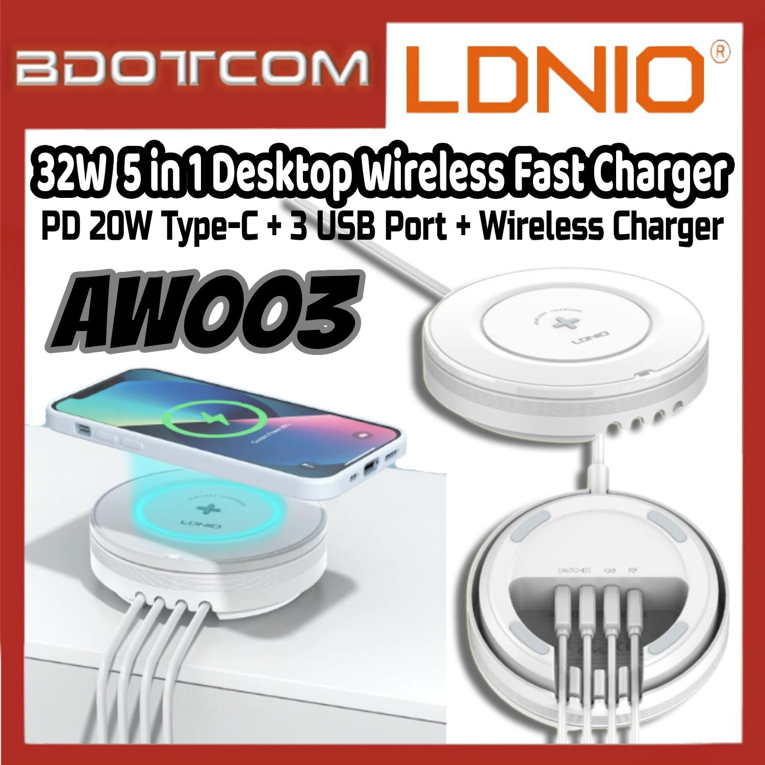 LDNIO [Ready Stock]  AW003 32W PD Type-C + 3 USB Ports Desktop Wireless 5 in 1