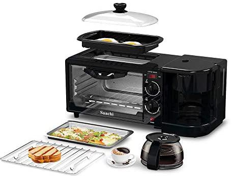Saachi Breakfast Machine Household Black Multi-Functional Breakfast Maker 3 in 1 Breakfast Machine, Non-Stick Griddle, Oven Tray,Coffee Maker, NL-BS-2951