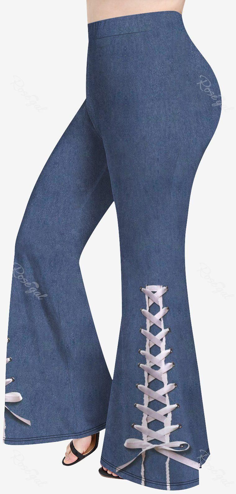 Plus Size 3D Jeans Lace Up Printed Flare Pants - 3x | Us 22-24