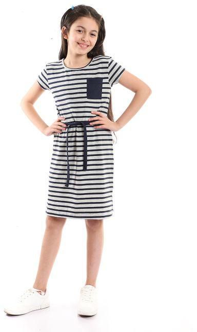 Kady Bi-Tone Striped Cotton Girls Dress - Multicolour Navy Blue & Light Grey