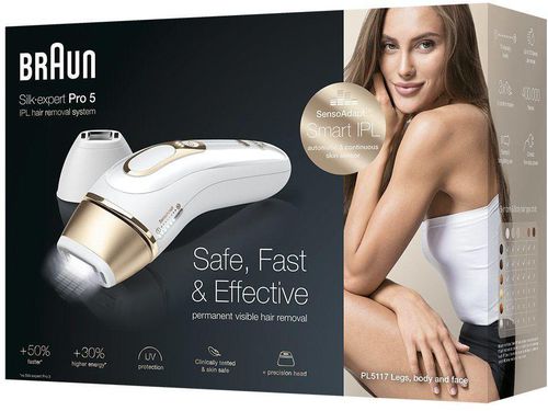 Braun IPL Silk Expert Pro 5 PL5117 Latest Generation IPL, Permanent Visible Hair Removal, With Precision Head Intense Pulsed Light, and Premium Pouch - White and Gold