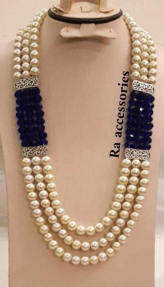 RA accessories Women's New Design Necklace 3 Rows Of Off-White Pearls And Dark Blue Crystal With Silver Breaks