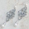 Long Silver Tone Filigree Bridal Drop Earrings With White Swarovski Simulated Pearls