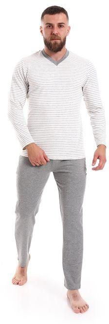eezeey V-Neck Striped Pattern Long Sleeves Pajama Set - Heather Light Grey & White