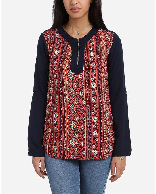 Momo Front Floral Pattern Blouse - Navy Blue & Red