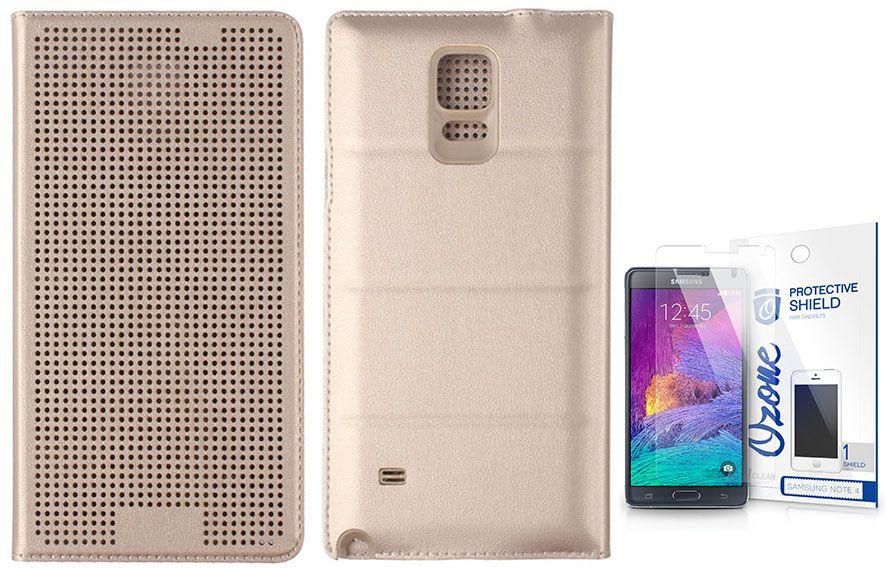 Dot View Smart Leather Flip Case w/ Ozone Screen Protector for Samsung Galaxy Note 4 - Gold