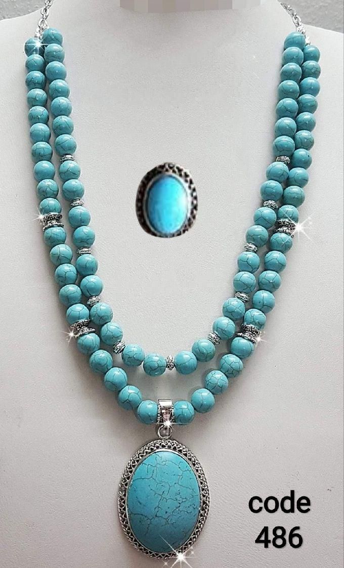 Women's Necklace And Ring Set Of Turquoise And Plated Copper