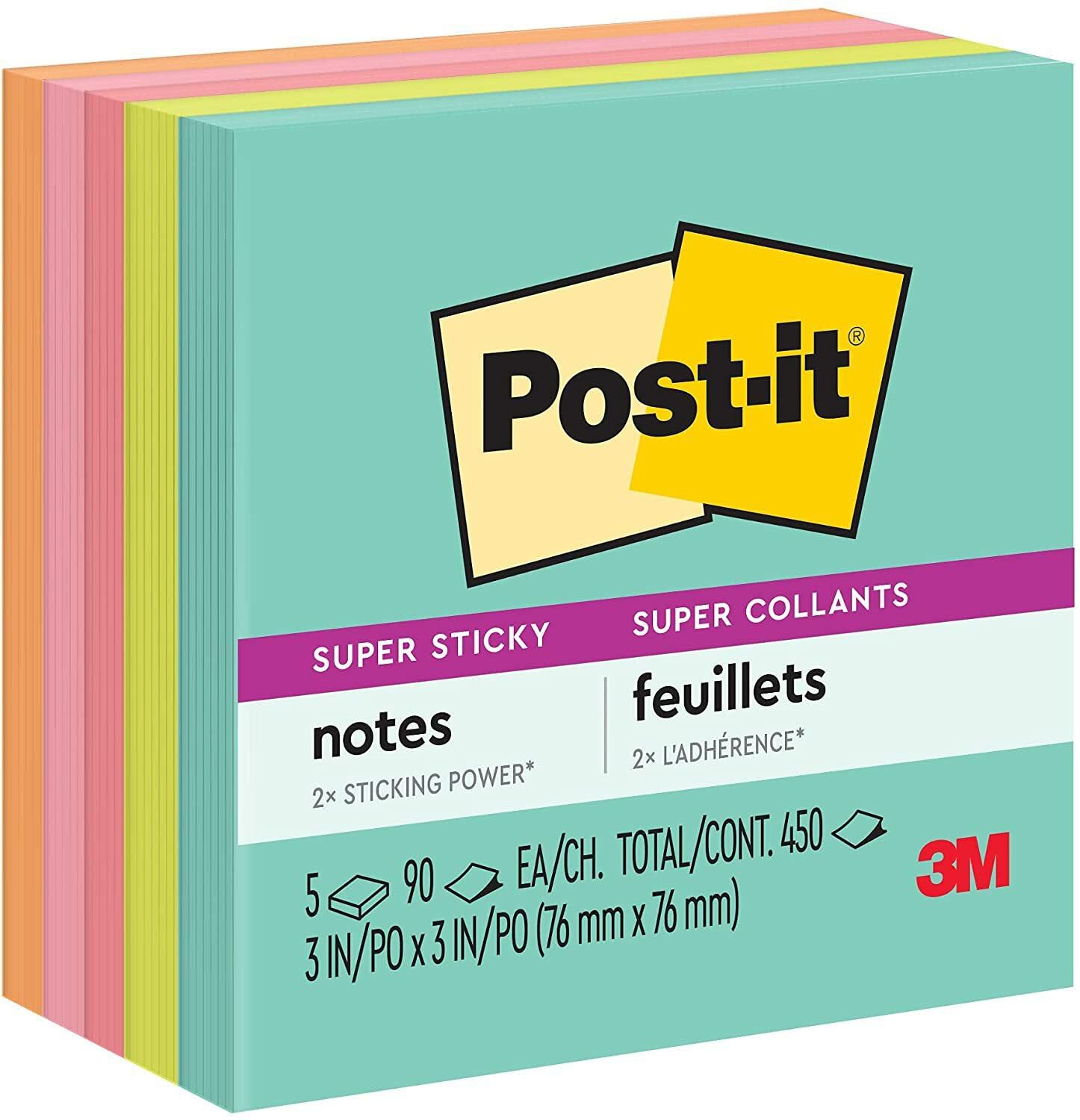 3M Post-It Super Sticky Notes, 2X Sticking Power, 3&quot; X 3&quot;, Miami Collection, 5 Pads Per Pack, 90 Sheets Per Pad (654-5SSMIA)