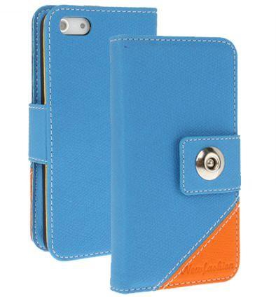 Double-color Flip Case Cover with Credit Card Slot for Apple iPhone SE / 5 / 5S - Blue Orange
