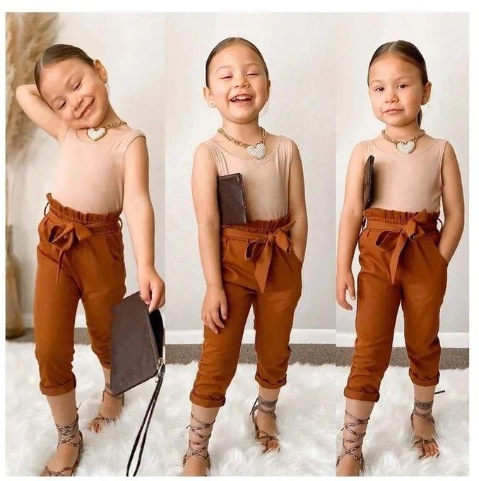 Fashion Two Piece Sleeveless Top With Pants - Brown And Cream