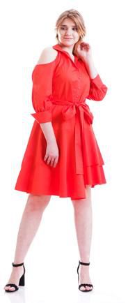 Cotton Waist Belt Fastening Solid Color Dress - Size: S (Red)