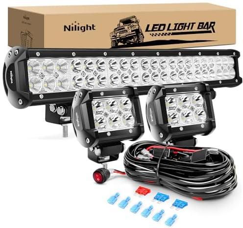 Nilight - Zh002 20Inch 126W Spot Flood Combo Led Off Road Led Light Bar 2Pcs 18W 4Inch Spot Led Pods With 16Awg Wiring Harness Kit-3 Lead, 2 Years Warranty