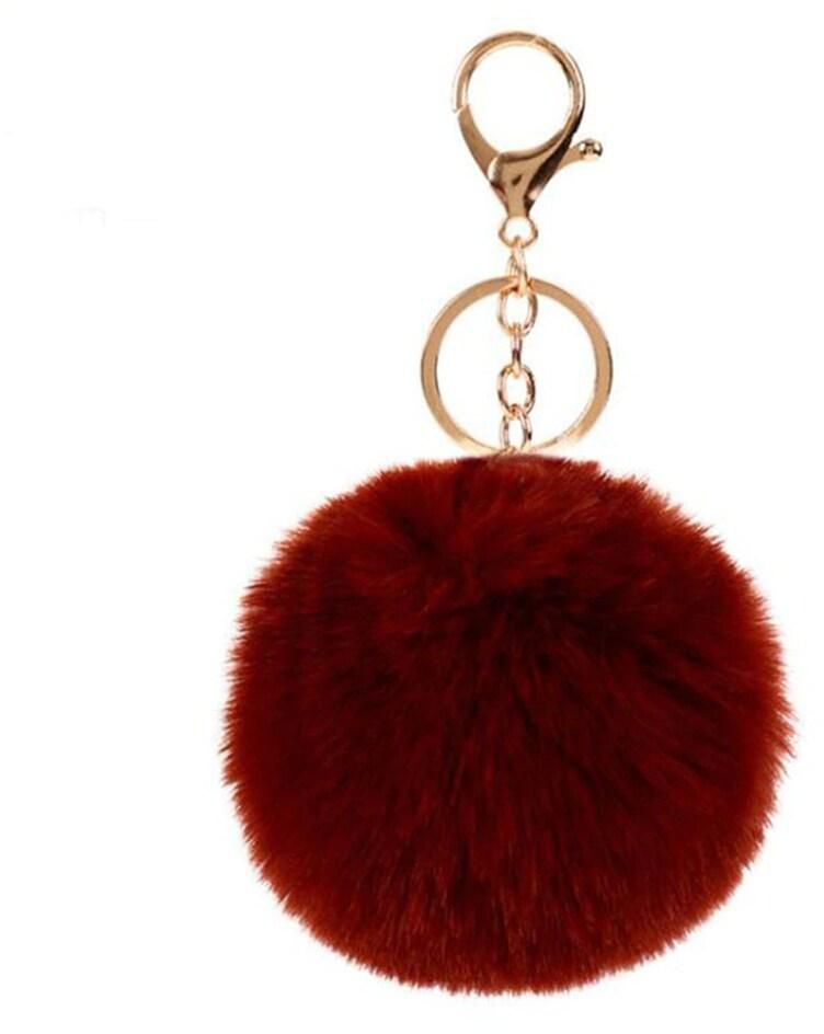 O Ozone Fur Keychain Pompoms Soft Fluffy Keyring For Handbags, Purse [Compatible For Buds Live Cases, Airpod Cases] - Burgundy