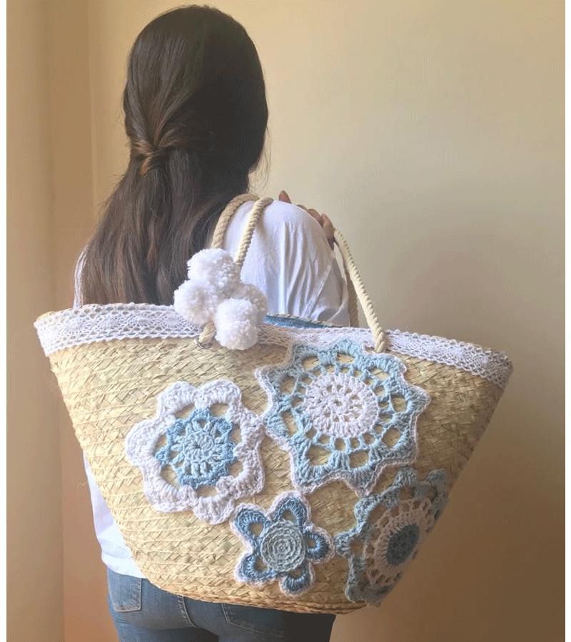 Handmade Crochet Blue Flowers Straw Bag