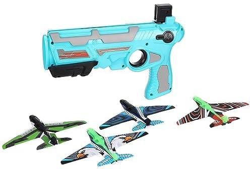 لعبة مسدس قاذف للطائرات، طقم مكون من 4 قطع من الطائرات الورقية الفوم، العاب مناسبة للمساحات الخارجية بلون (ازرق)