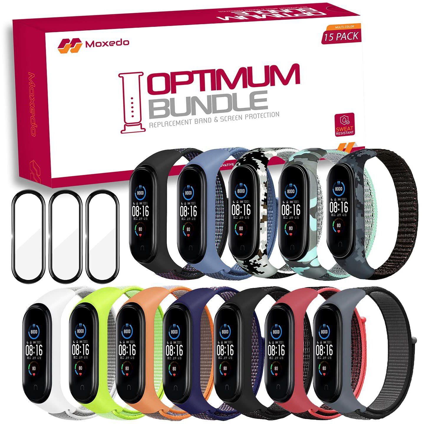 Moxedo Optimum Bundle Pack of 15, Multi-Color Replacement Strap Band Nylon Sports Loop With Screen Protector Compatible for Xiaomi Mi Band 6 / Mi Band 5 (MX-MiBand6Pack-C4)