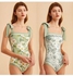 Women Floral One Piece Swimsuits, Reversible Tie Shoulder Monokini, Tummy Control Bathing Suits, Square Neck Swimwear（Green-L）