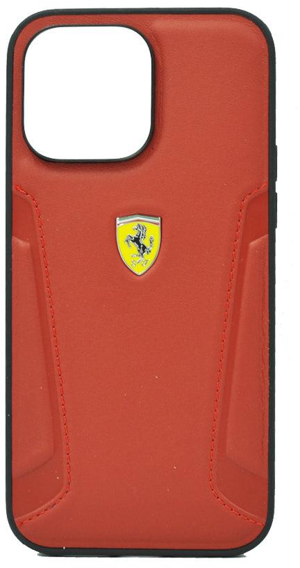 Ferrari Leather Case With Hot Stamped Sides Yellow Shield Logo For iPhone 14 Pro Max Red