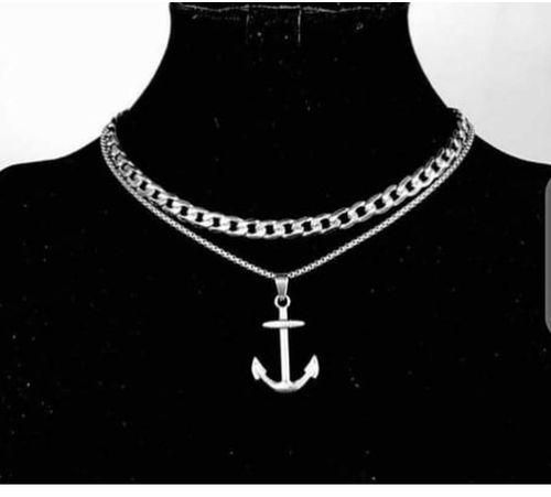 Cuban Link Chain With Anchor Pendant Silver