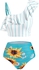 Striped Sunflower Print One Shoulder Flounce Overlay Tankini Swimwear - M