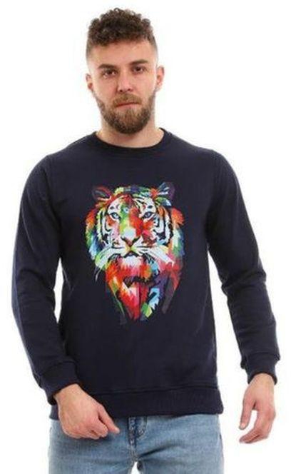 Andora Polygonal Tiger Printed Fleece Sweatshirt - Navy Blue
