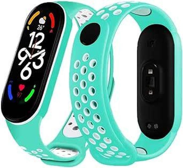 Silicone Sport Strap Compatible with Mi Band 5 / Mi Band 6 Breathable Replacement Strap Compatible with Xiaomi Mi Band 5 6 Smart Watch, One Size (Turquoise/White)