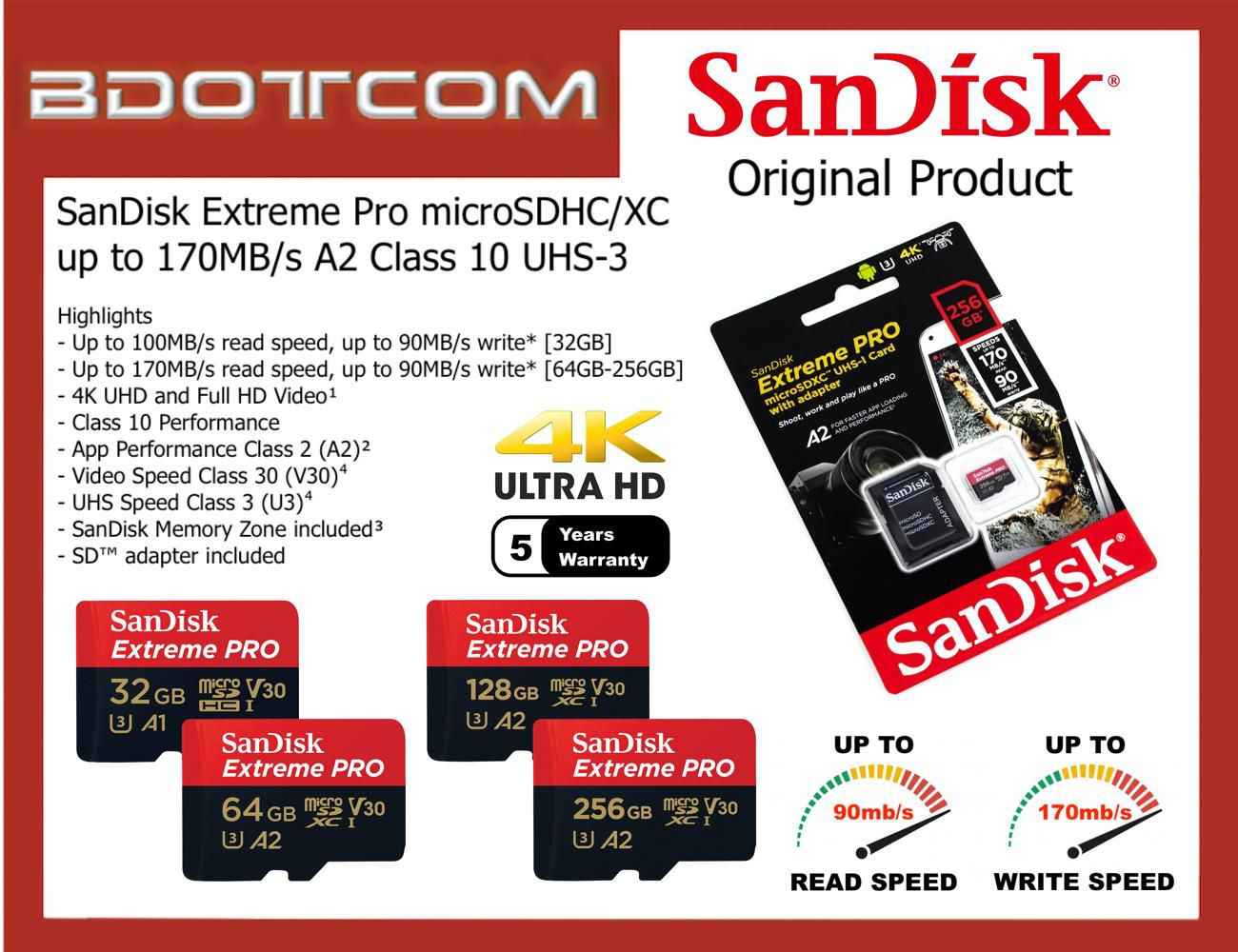 Sandisk Extreme pro 100MB/s-170MB/s A2 Class 10 UHS-3 V30 4K Ultra HD