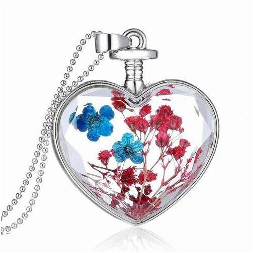 Eissely Women Dry Flower Heart Glass Wishing Bottle Pendant Necklace