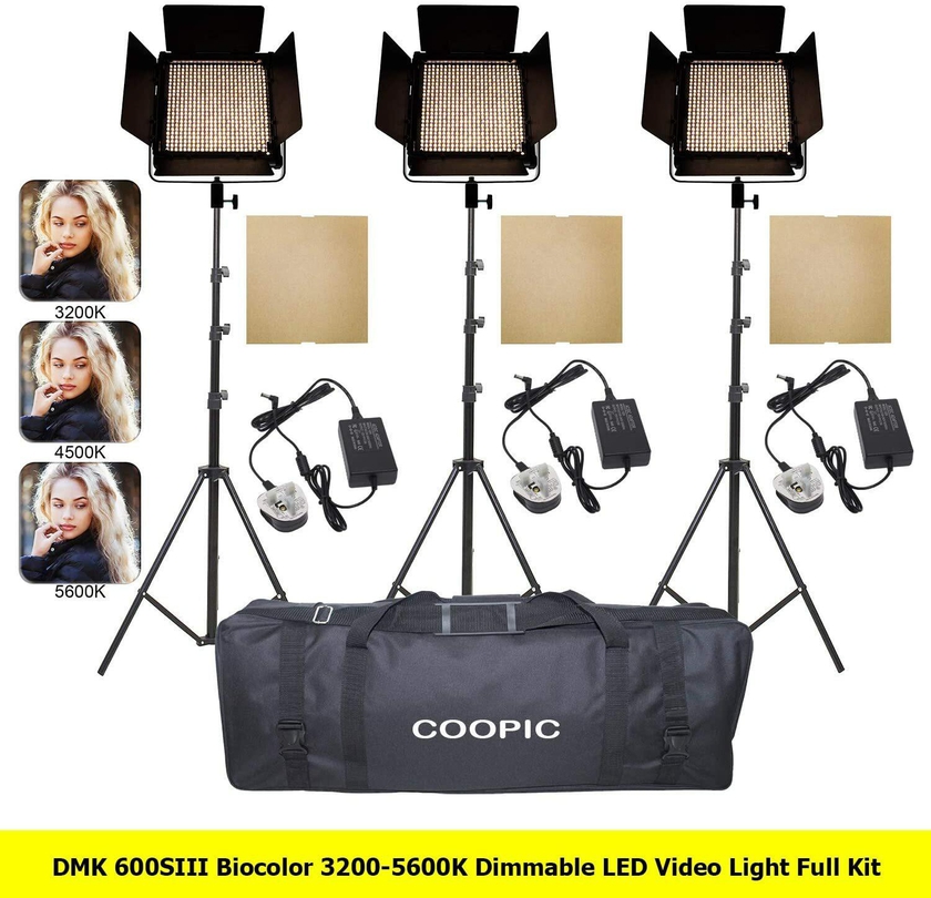 DMK Power Coopic 3 Pack Dmk-600Siii Bi-Color Professional LED Video Light Kit: (3) Dmk-600Siii Light With U Metal Bracket (3) Light Stands (3) Filter (3) Adapter (1) Carrying Bag